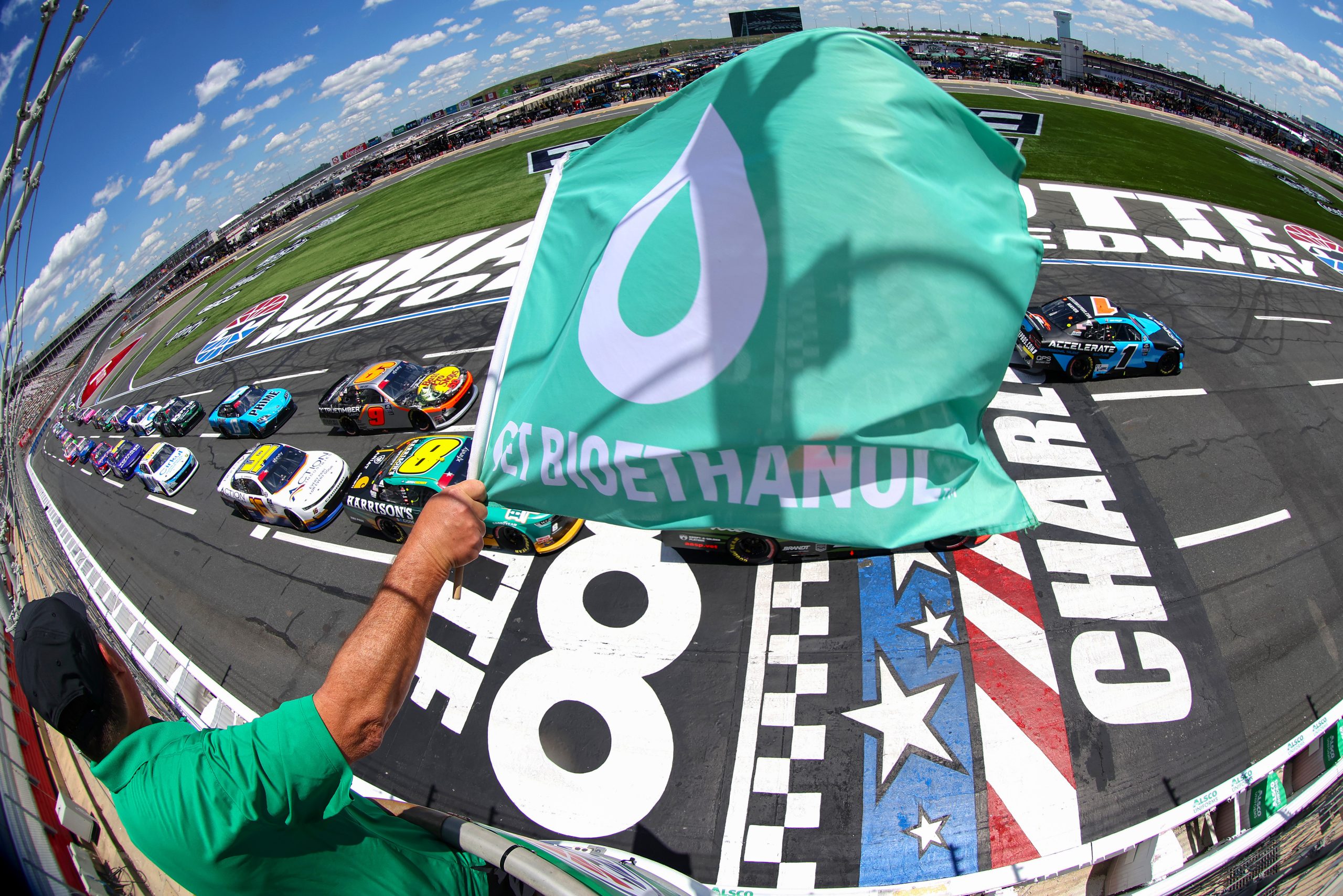 CONCORD, NORTH CAROLINA - MAY 28: Sam Mayer, driver of the #1 Accelerate Pros Talent Chevrolet, leads the field to the green flag to start the NASCAR Xfinity Series Alsco Uniforms 300 at Charlotte Motor Speedway on May 28, 2022 in Concord, North Carolina. (Photo by James Gilbert/Getty Images)