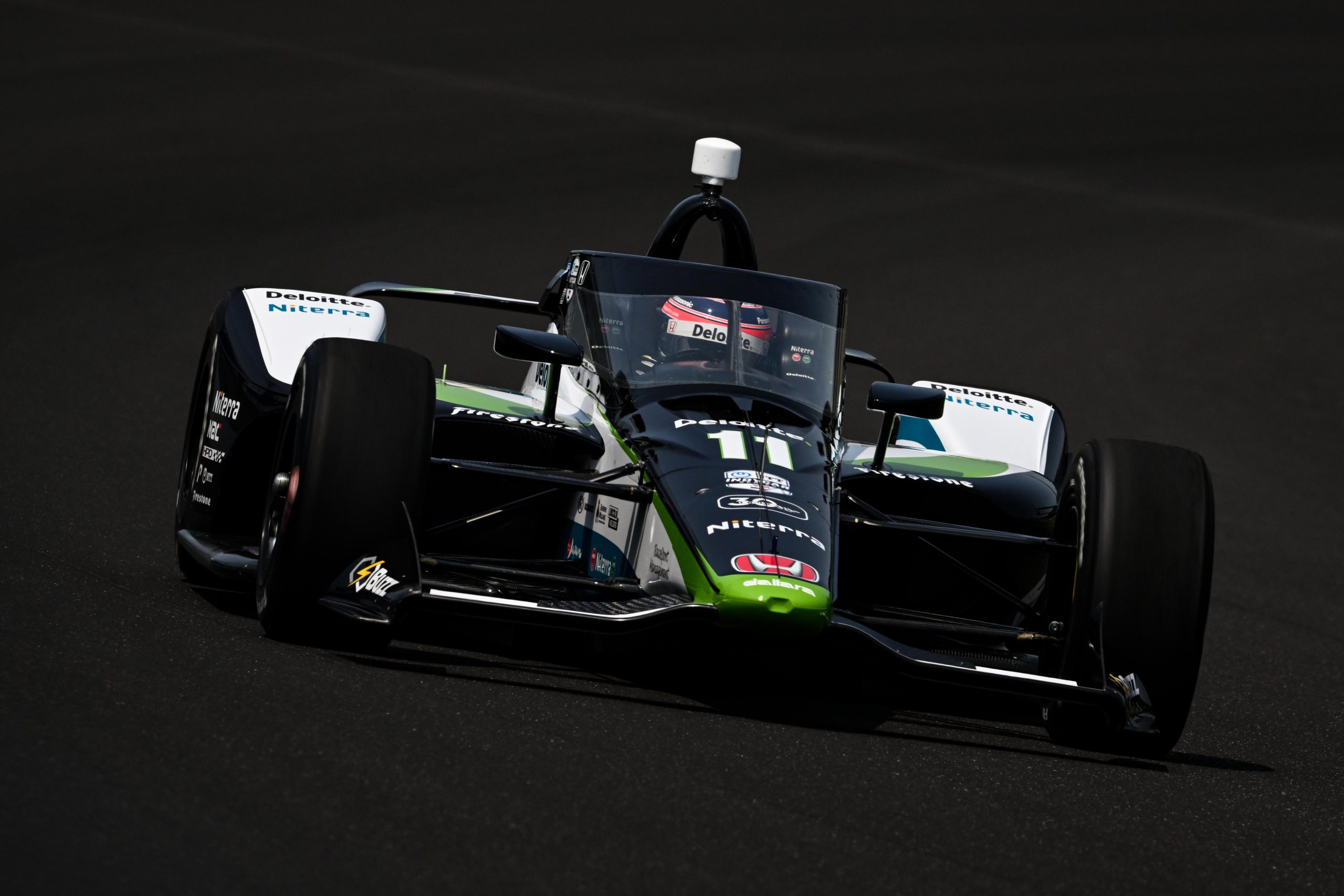 Takuma Sato during the first day of practice for the 107th Running of the Indianapolis 500 at Indianapolis Motor Speedway. (James Black/Penske Entertainment)