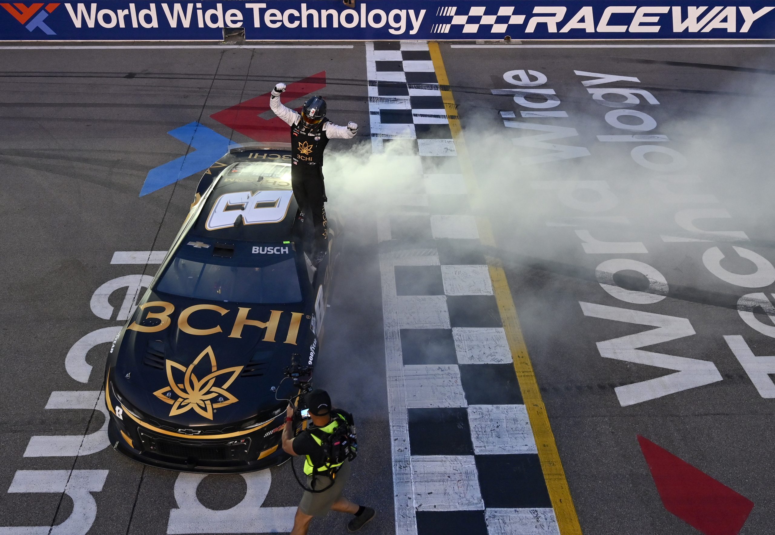 MADISON, ILLINOIS - JUNE 04: Kyle Busch, driver of the #8 3CHI Chevrolet, celebrates after winning the NASCAR Cup Series Enjoy Illinois 300 at WWT Raceway on June 04, 2023 in Madison, Illinois. (Photo by Jeff Curry/Getty Images)