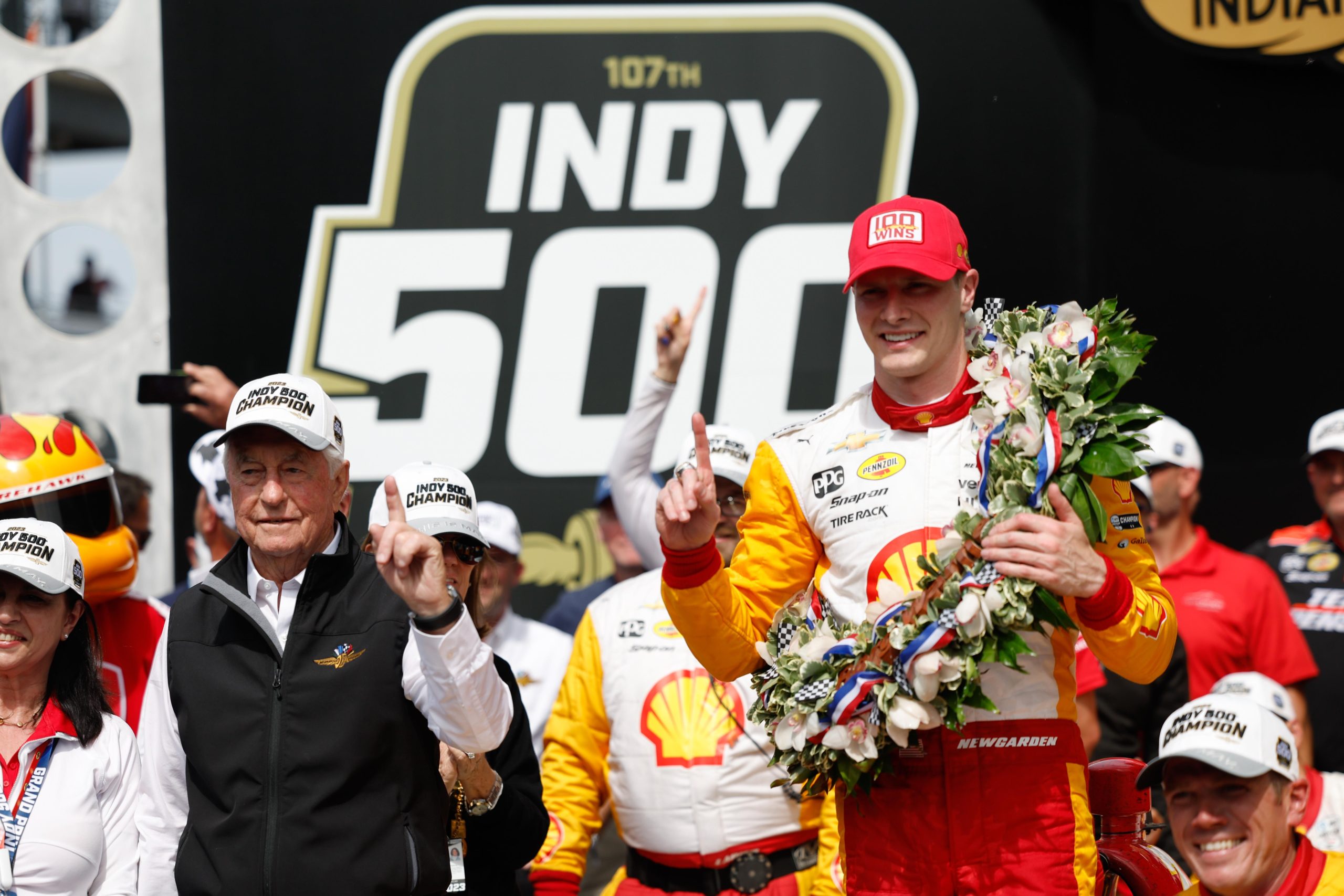 Roger Penske and Josef Newgarden after winning the 2023 Indianapolis 500, 2023 IndyCar