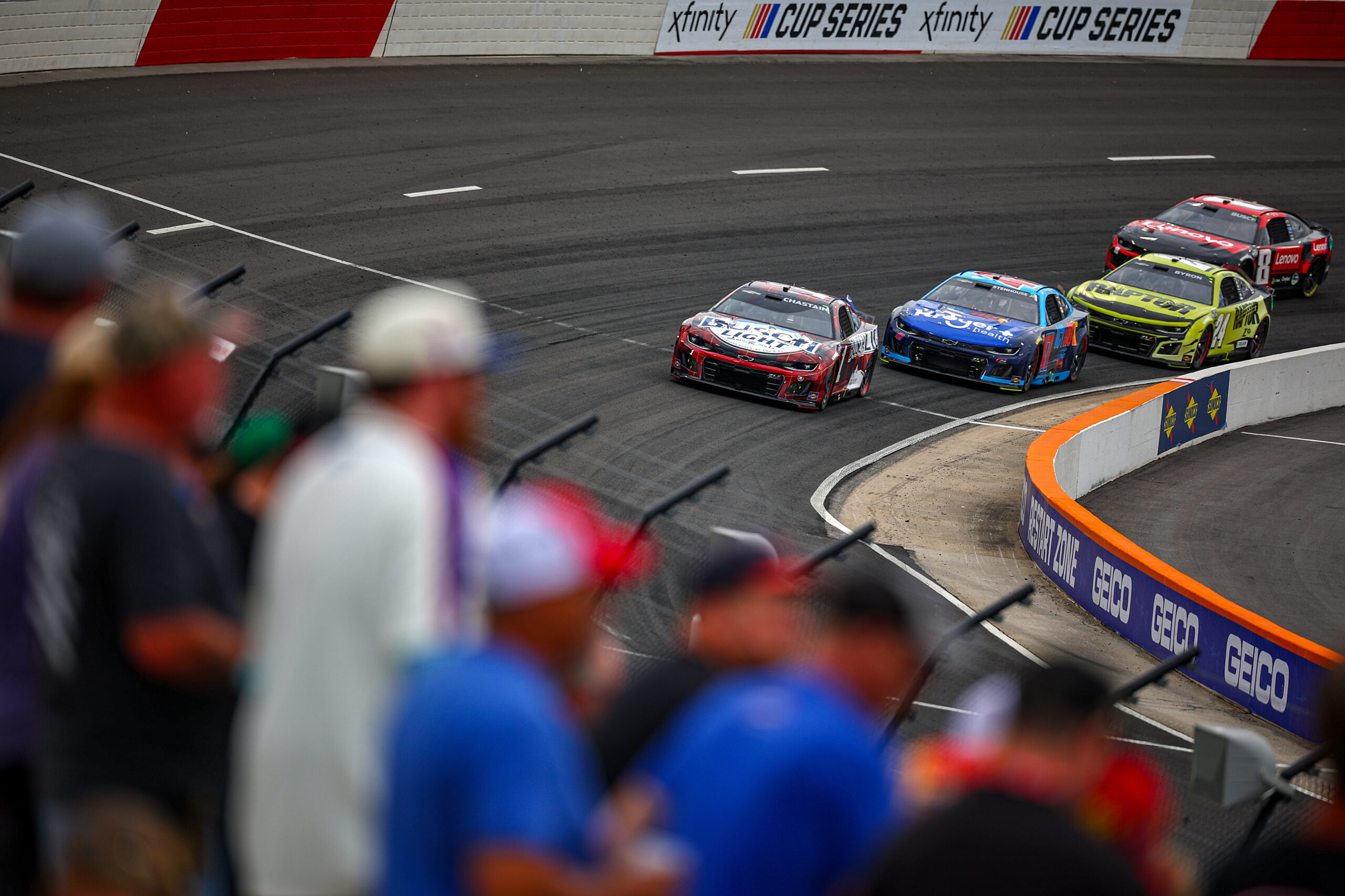 Ross Chastain, driver of the #1 Busch Light Flannel Chevrolet, Ricky Stenhouse Jr., driver of the #47 Kroger Health/Icy Hot Chevrolet, William Byron, driver of the #24 RaptorTough.com Chevrolet, and Kyle Busch, driver of the #8 Lenovo Chevrolet, drive during practice for the NASCAR Cup Series All-Star Race at North Wilkesboro Speedway on May 17, 2024 in North Wilkesboro, North Carolina. (Photo by Jared C. Tilton/Getty Images)