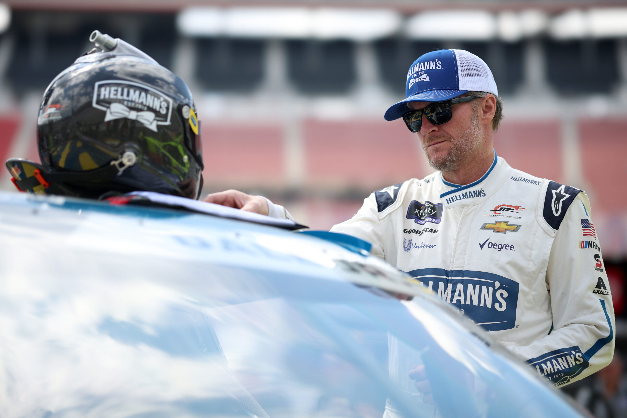 BRISTOL, TENNESSEE - SEPTEMBER 15: Dale Earnhardt Jr., driver of the #88 Hellmann's Chevrolet, prepares to practice for the NASCAR Xfinity Series Food City 300 at Bristol Motor Speedway on September 15, 2023 in Bristol, Tennessee. (Photo by Jared C. Tilton/Getty Images)