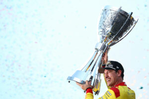 AVONDALE, ARIZONA - NOVEMBER 10: Joey Logano, driver of the #22 Shell Pennzoil Ford, celebrates with the Bill France NASCAR Cup Series Championship trophy in victory lane after winning the NASCAR Cup Series Championship Race at Phoenix Raceway on November 10, 2024 in Avondale, Arizona. (Photo by Jared C. Tilton/Getty Images)