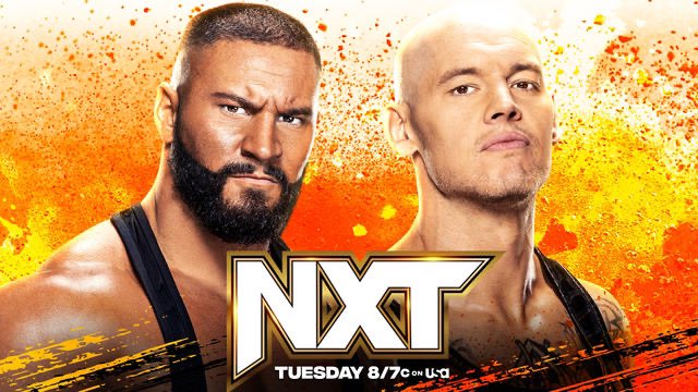 A promotional graphic for WWE NXT featuring Bron Breakker and Baron Corbin.