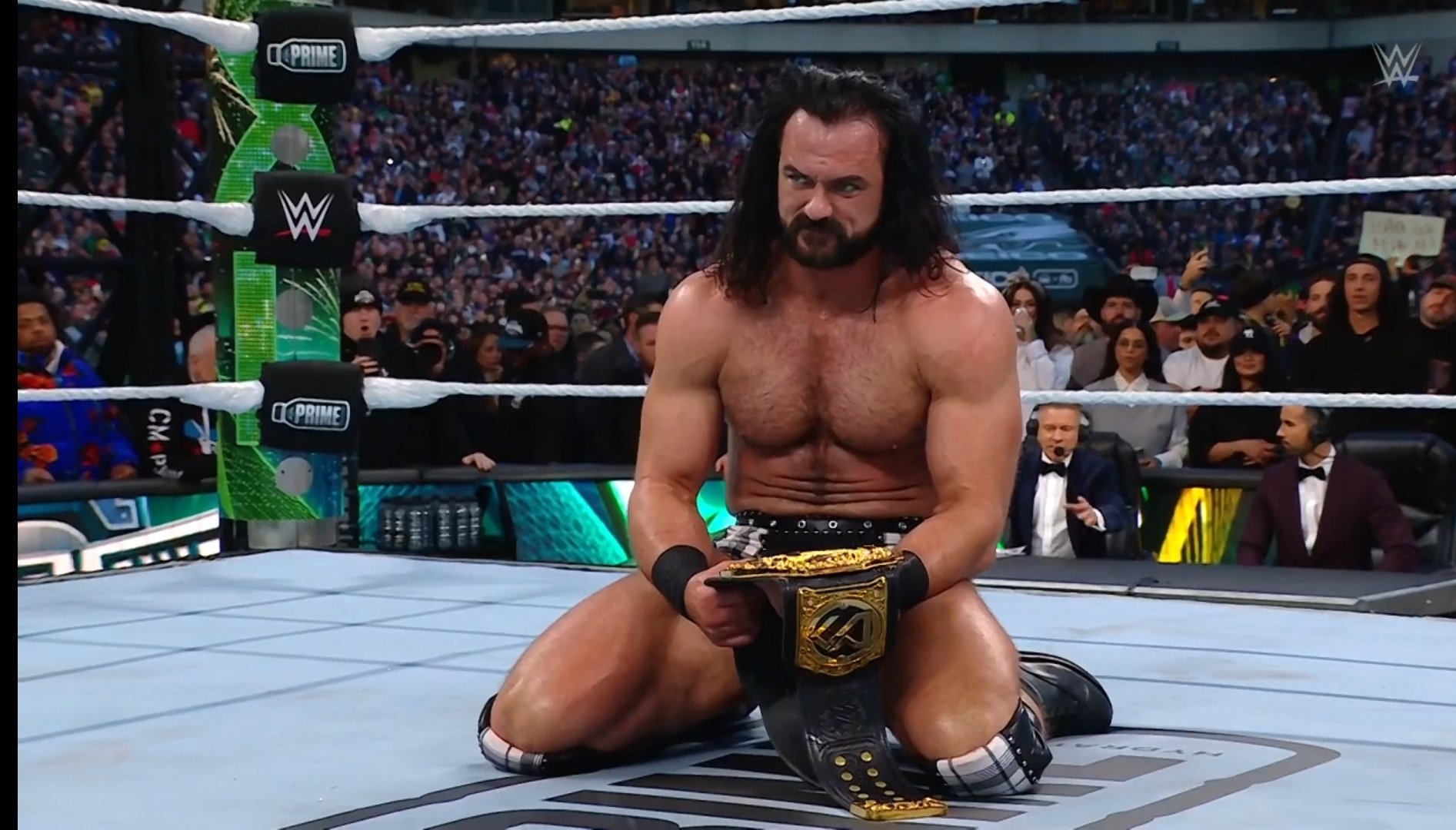 A photo of new WWE World Heavyweight Champion Drew McIntyre at WrestleMania 40.