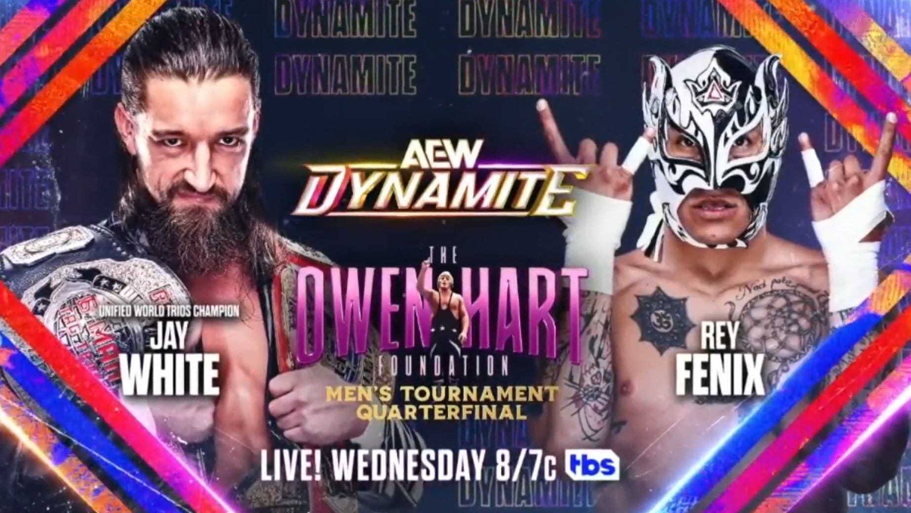 AEW Dynamite graphic of Jay White and Rey Fenix