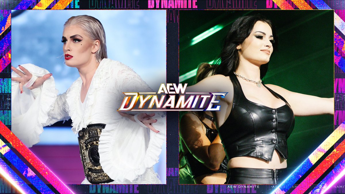 A match graphic for AEW Dynamite in Wales featuring Saraya and "Timeless" Toni Storm.