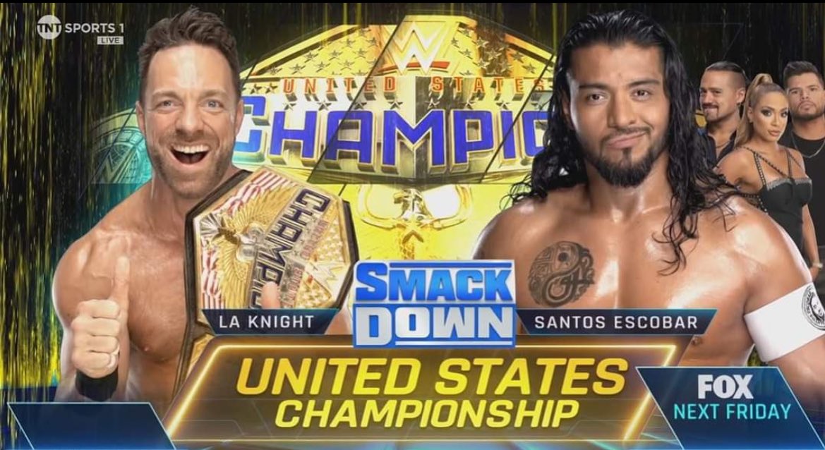 A match graphic for WWE SmackDown featuring United States Champion LA Knight and Santos Escobar.