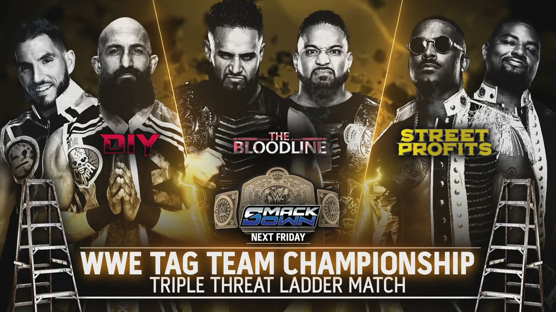 A match graphic for WWE SmackDown advertising the WWE Tag Team Championship Triple Threat Ladder match featuring The Bloodline, #DIY, and The Street Profits.