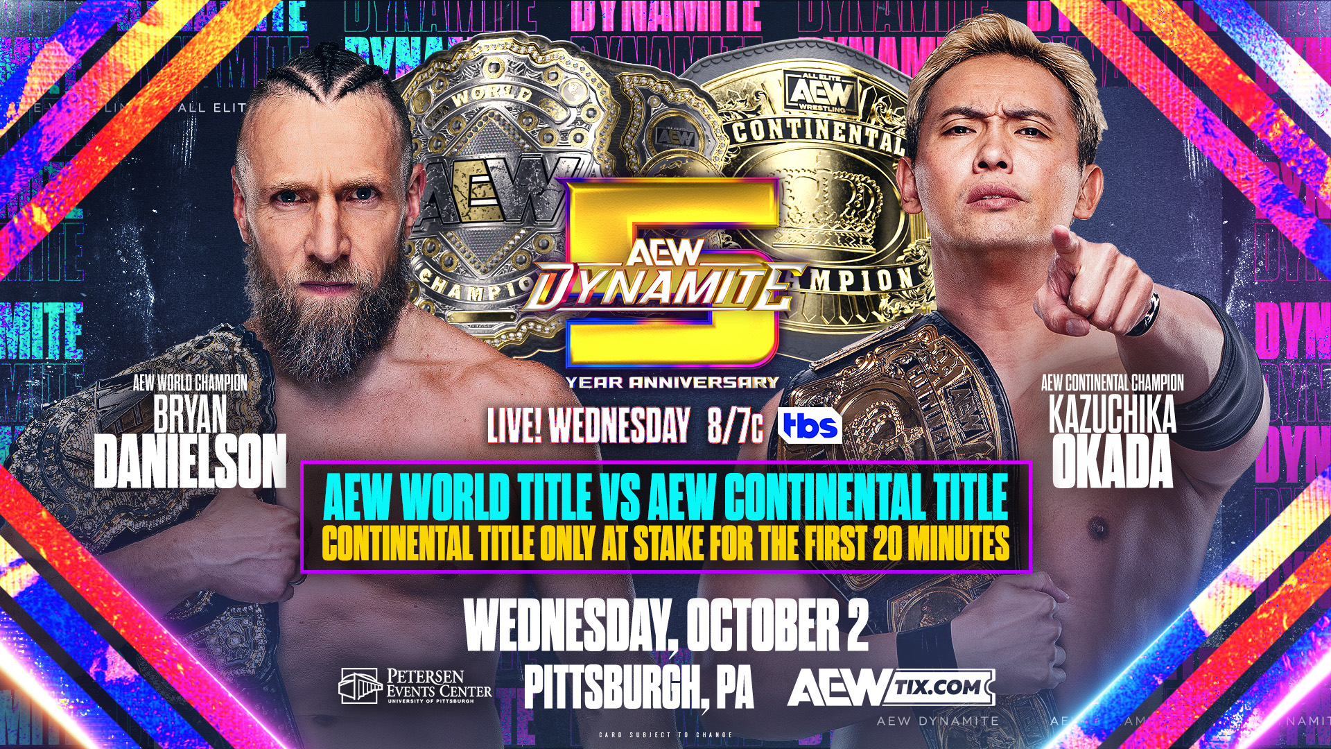 An AEW Dynamite match graphic featuring Bryan Danielson and Kazuchika Okada.