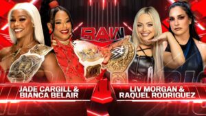 A WWE Raw match graphic featuring Liv Morgan and Raguel Rodrigues vs. Jade Cargill and Bianca Belair.