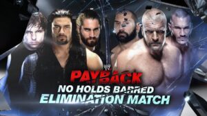 A match graphic for WWE Payback featuring Evolution vs. The Shield