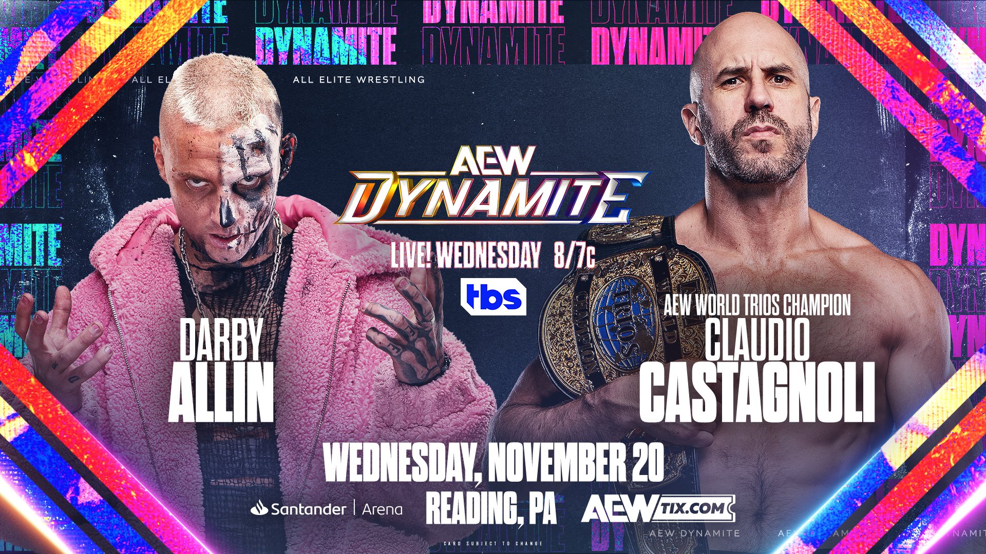 An AEW Dynamite match graphic featuring Darby Allin and Claudio Castagnoli.