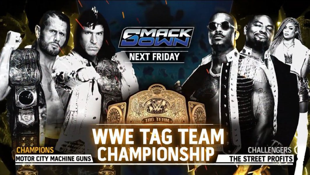 A WWE SmackDown match graphic featuring WWE Tag Team Champions Motor City Machine Guns (MCMG) and The Street Profits.