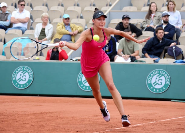 Oceane Dodin in action ahead of the WTA Lausanne Open.